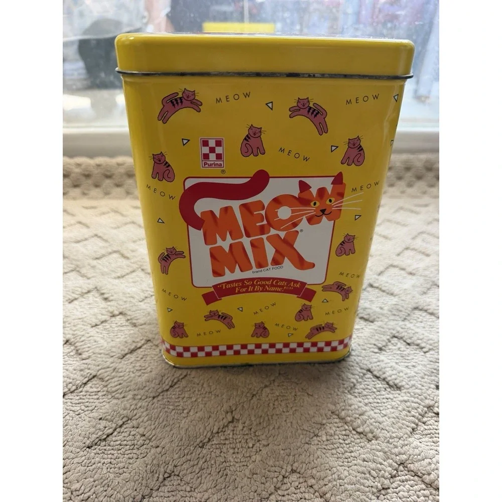 Purina MEOW MIX TIN Collectible 1996 Tin Cat Food Canister Tin Vintage Kitty Tin